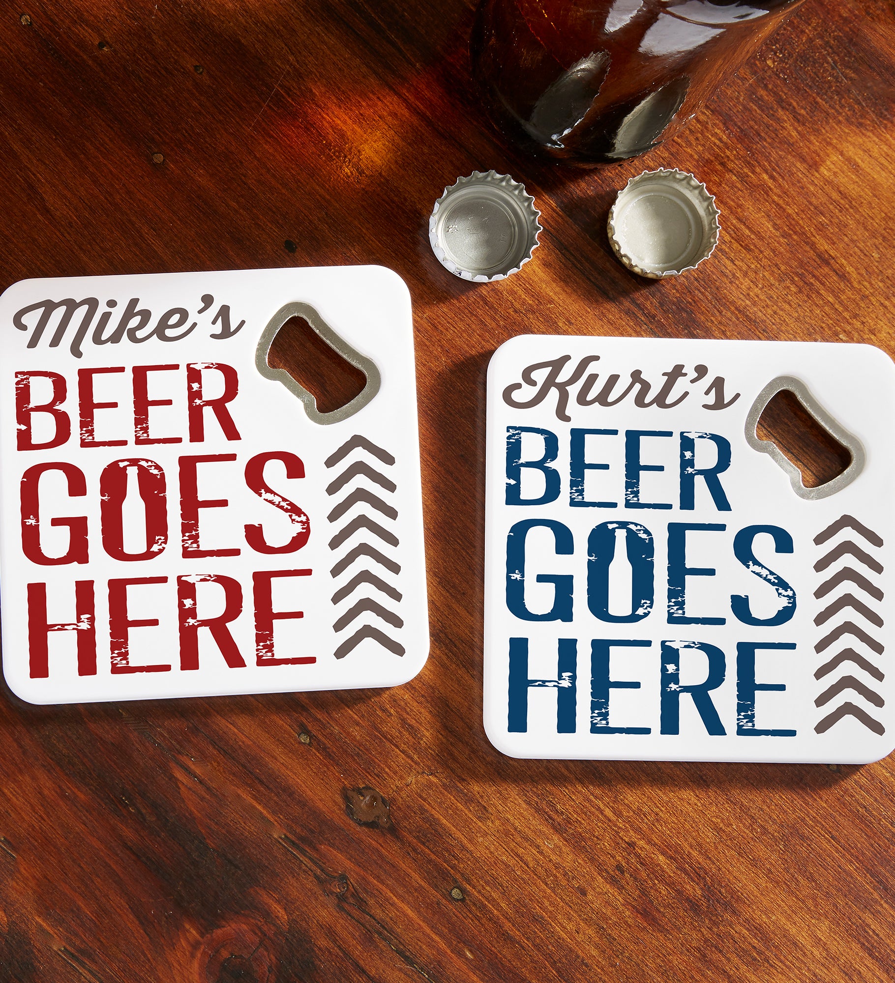 Beer Goes Here Personalized Bottle Opener Coaster